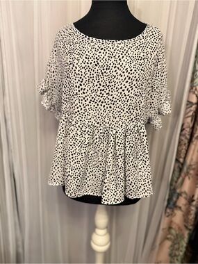 ALYA Francesca’s Black Ivory Spotted Peplum Ruffle Sleeve Blouse S